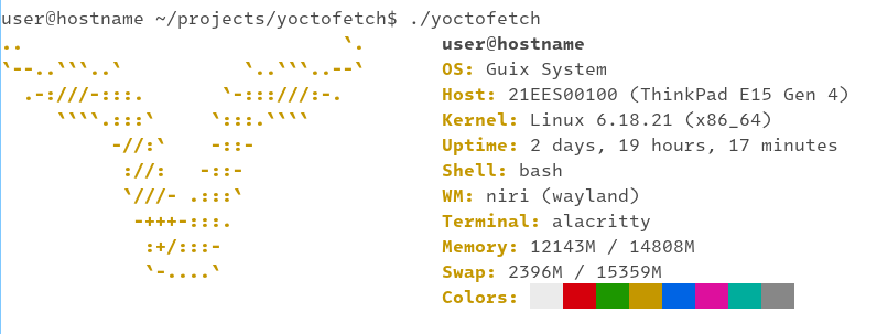 Output of yoctofetch with the Guix System logo on a light background